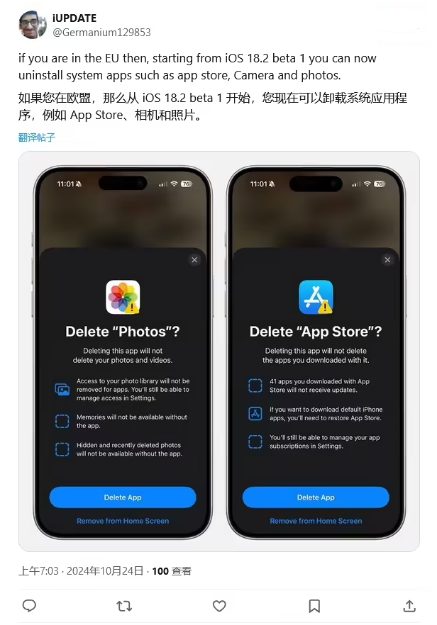 连南苹果手机维修分享iOS 18.2 支持删除 App Store 应用商店 