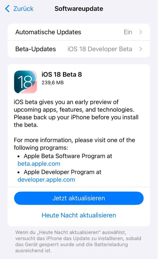 连南苹果手机维修分享苹果 iOS / iPadOS 18 开发者预览版 Beta 8 发布 